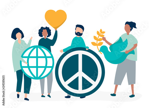 Characters of people holding peace icon illustration
