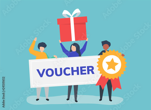 Character illustration of people holding voucher icons