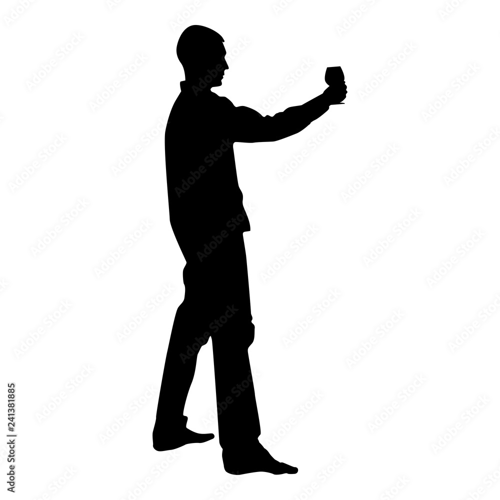 Man holds in long hand glass of wine about to make toast Holiday concept icon black color vector illustration flat style image Man holds in long hand glass of wine about to make toast Holiday concept icon black color vector illustration flat style image