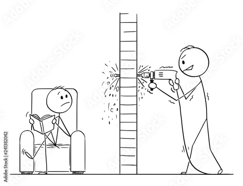 Cartoon stick drawing conceptual illustration of man using power drill to drilling hole in a wall, but going through in to another apartment.