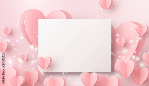 Paper sheet and hearts flying on pink background. Vector symbols of love, glowing lights for Happy Mother's, Valentine's Day, birthday greeting card design.