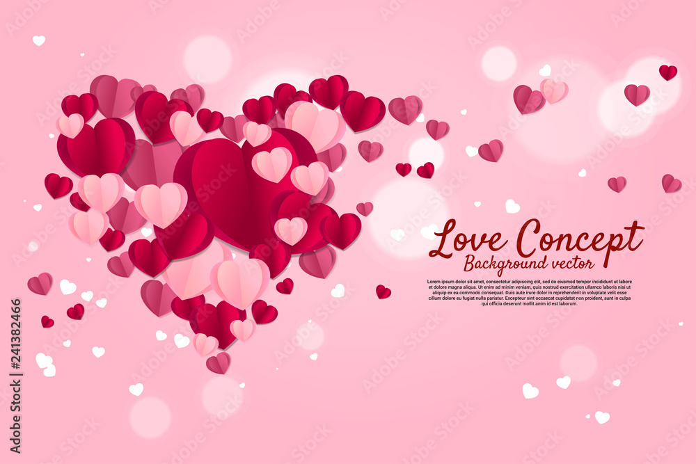 Heart paper art flying graphic background concept. valentine's day and love theme banner and poster