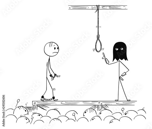 Cartoon stick drawing conceptual illustration of man walking on his own execution.