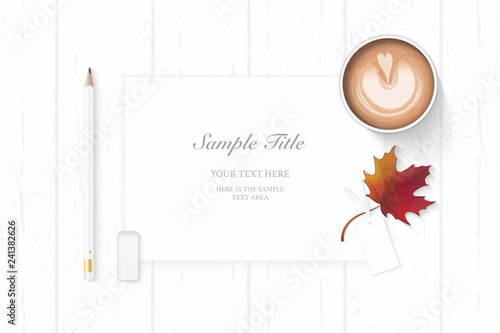 Flat lay top view elegant white composition paper pencil eraser autumn maple leaf and coffee on wooden background