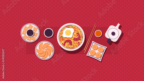 Chinese new year festive dinner. Chinese food on a ornament background. Template for poster or web site banner. Vector illustration