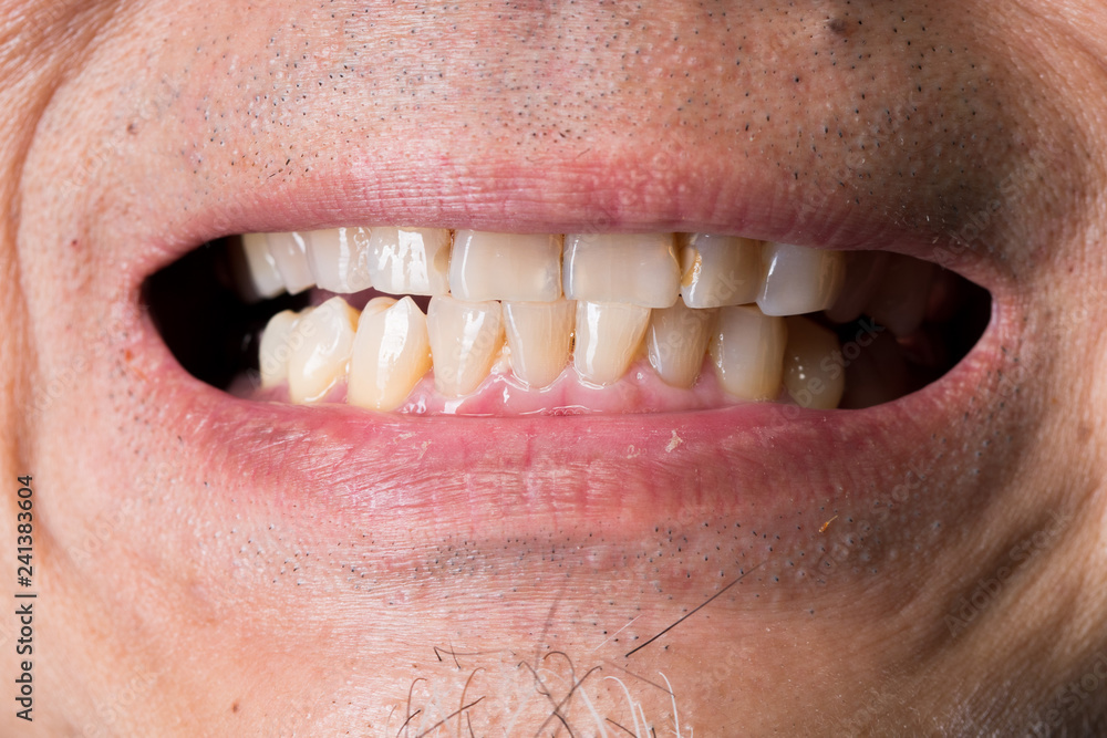 Obraz premium Closeup macro portrait of Man red lip, Human male open close mouth. Body Part of shaved Mustache 40s age