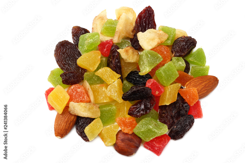 candied fruits mix with raisins, almonds, hazelnut. muesli. healthy food. fitness food. top view candied fruits mix with raisins, almonds, hazelnut. muesli. healthy food. fitness food. top view