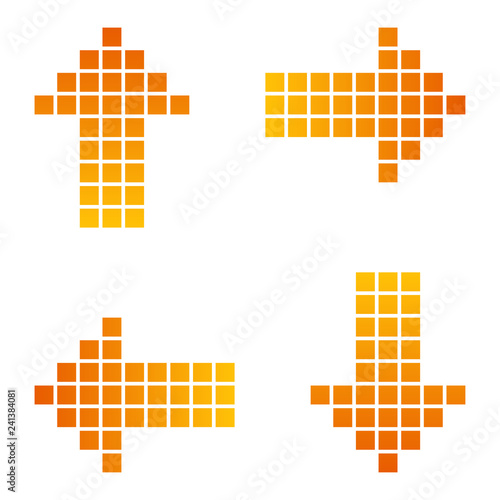 Icono plano abstracto grupo de flechas formadas por pixels en color naranja