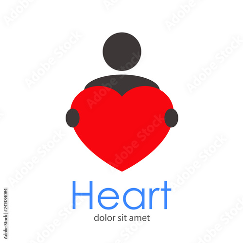 Logotipo abstracto con texto Heart con hombre sujetando corazón en rojo y gris