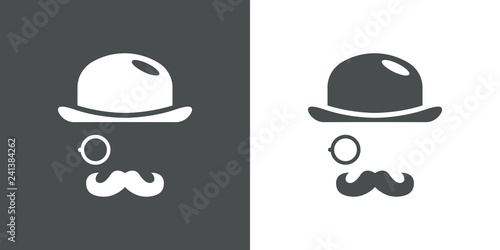Icono plano con bombín monóculo y bigote en gris y blanco