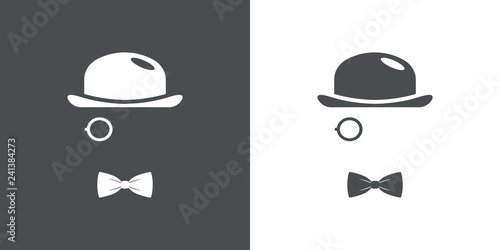 Icono plano con bombín monóculo y corbata de lazo en gris y blanco