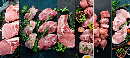 Photo collage Raw meat and steak. Top view.