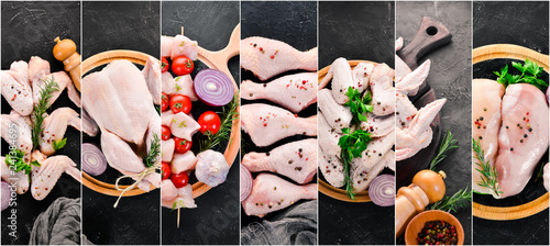 Принти на полотні Photo collage Raw chicken and chicken meat. Top view.