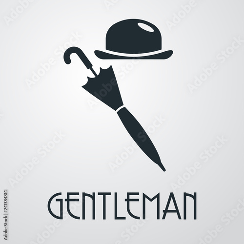 Logotipo con texto GENTLEMAN con bombín y paraguas cerrado vertical en fondo gris