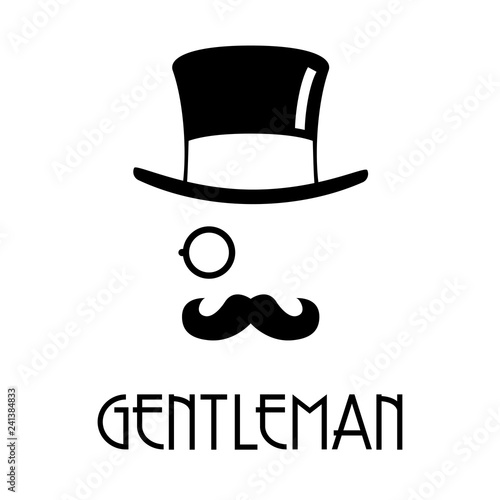 Logotipo con texto GENTLEMAN con chistera monóculo y bigote en color negro