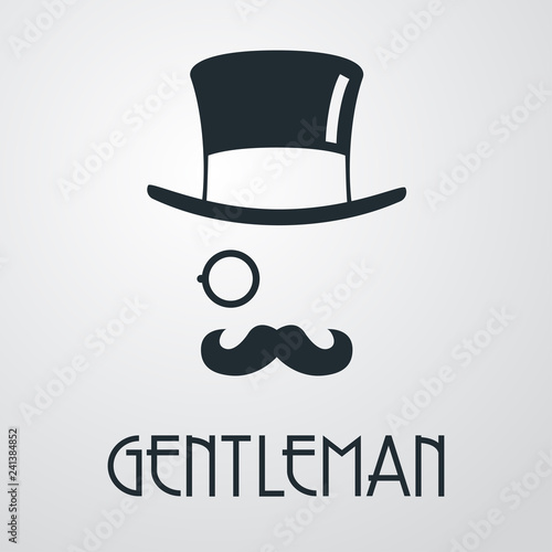 Logotipo con texto GENTLEMAN con chistera monóculo y bigote en fondo gris