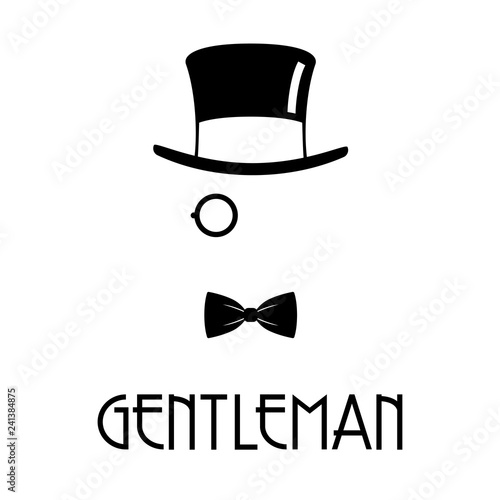 Logotipo con texto GENTLEMAN con chistera monóculo y corbata de lazo en color negro