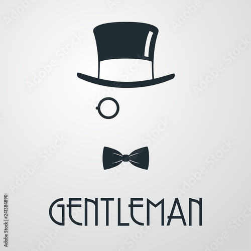 Logotipo con texto GENTLEMAN con chistera monóculo y corbata de lazo en fondo gris