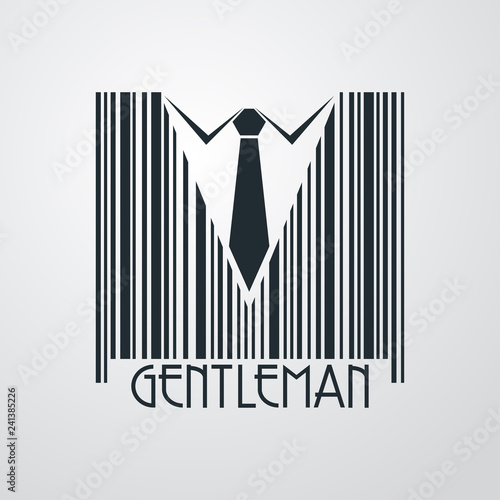 Logotipo con texto GENTLEMAN con código de barras con corbata en fondo gris