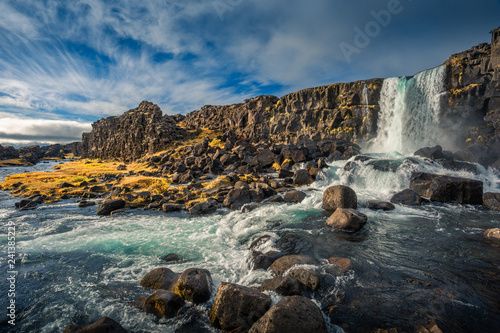 Thingvellir waterfall Iceland. Autumn landscape