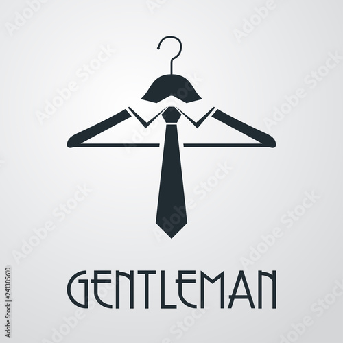 Logotipo con texto GENTLEMAN con percha  y corbata sobre fondo gris