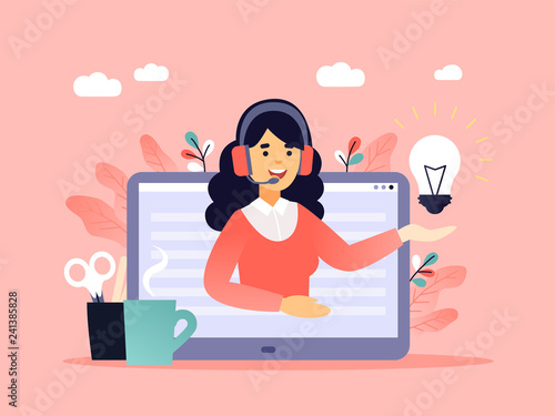 Concept customer and operator, online technical support 24-7 for web page. Vector illustration female hotline operator advises client. Online assistant, virtual help service in living coral palette
