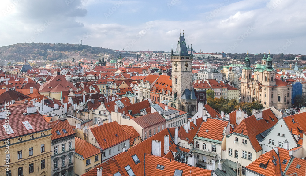 Prague, Czech Republic. Panoramic aerial old town cityscape