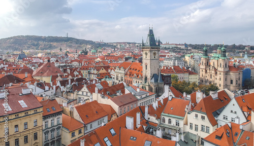 Prague, Czech Republic. Panoramic aerial old town cityscape