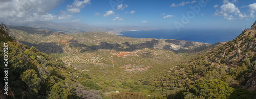 Agios Nikolaos, Crete - 09 29 2018: Moni Faneromenis Monastery. View of Mirabello Bay
