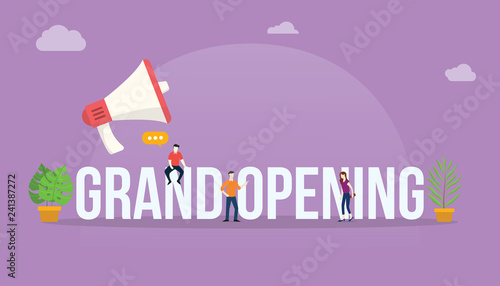 grand opening business concept with megaphone and people team office working together to launch product