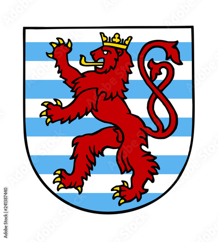 Luxembourg national emblem red lion, blue and white stripes clipart