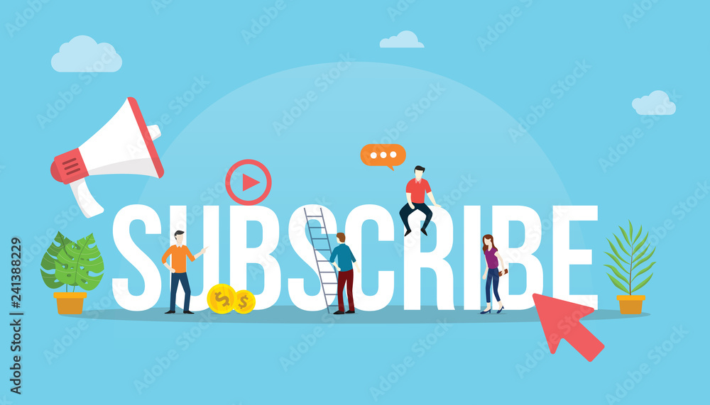 subscribe channel social media video concept with arrow click button and people working together as team - vector