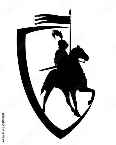 medieval knight riding horse with banner spear - black and white heraldic shield vector design