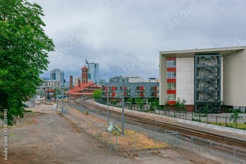 Train tracks leading to Union Station in downtown Portland, USA photo