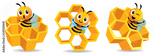 Cartoon cute bee mascot with honey cells set. Cartoon cute bee with big Honey Cells. Honeycomb vector illustration isolated