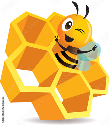 Cartoon cute bee stay inside the honey cell. 3D honey cells. Honeycomb vector illustration isolated