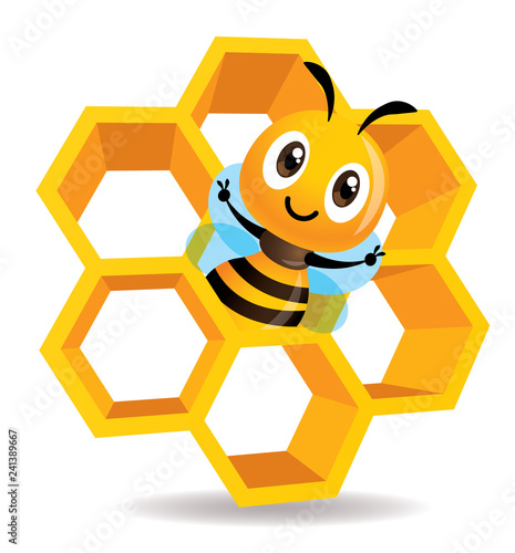 Cartoon cute bee stay inside the honey cell. 3D honey cells. Honeycomb vector illustration isolated