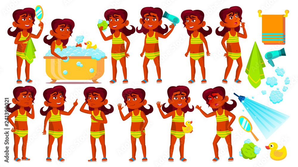 Fototapeta premium Indian Girl Kid Poses Set Vector. Hindu. Child Take A Shower. Cheer, Pretty, Youth. Undressed. Pool, Beach. For Advertisement, Greeting, Announcement Design. Isolated Cartoon Illustration