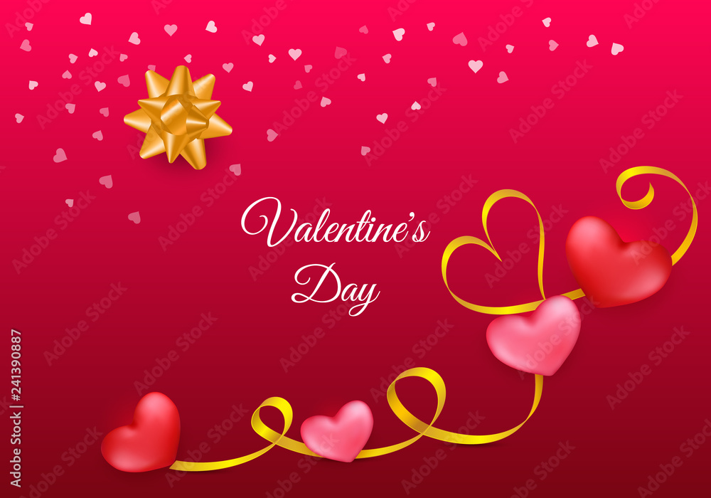 Valentines day festive composition with two red, rose hearts with golden stripe  on a colorful abstract background.  Mother day Banner design. Wedding greeting card. Top view illustration.