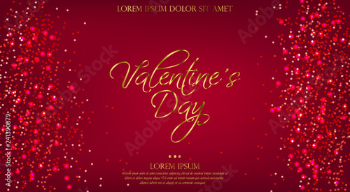 Valentine Day red background with glitter Vector. Shiny glossy banner templat...