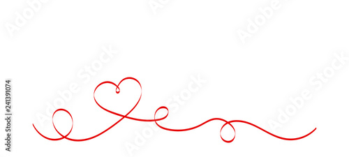 Calligraphy Red Heart Ribbon on White background. Red curved band with two hearts. Valentines day Romantic greeting card with stripes. Mother's day design. Wedding invitation card elements.