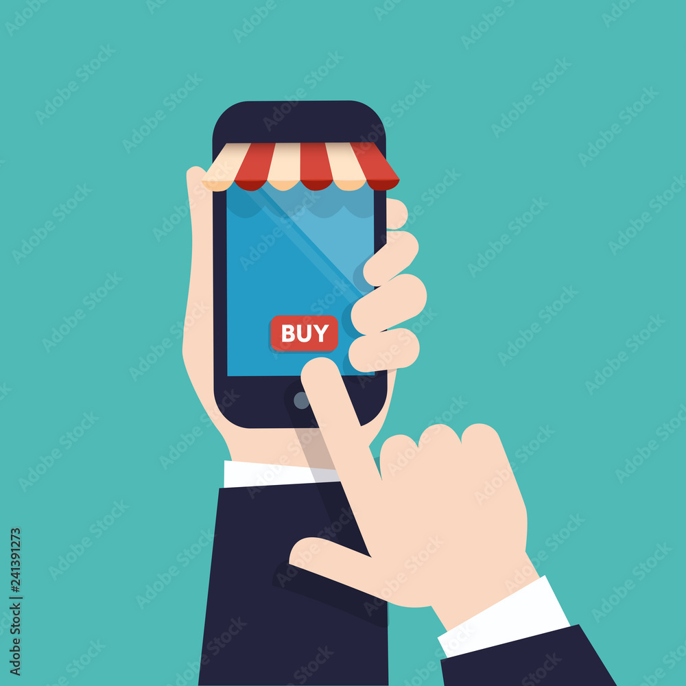 Vector illustration of an online store. Hand with mobile phone clicking buy button on screen. On line business concept. - Illustration Vector illustration of an online store. Hand with mobile phone clicking buy button on screen. On line business concept. - Illustration