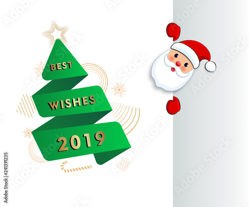 Santa Claus welcome with big signboard. Santa Frost holding empty sign. Place for text. Christmas tree in origami style. Best wishes 2019, New year Memphis banner. Xmas Paper cut white background. © Olena