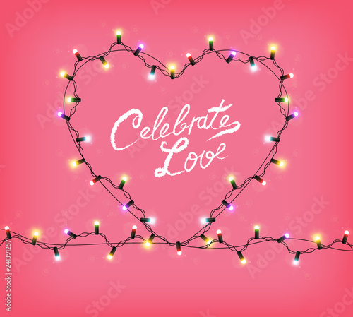 Valentine Day heart with glowing lights Vector. Celebrate Love text card. Hea...