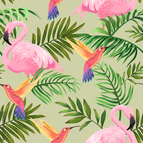 tropical pattern with flamingos, hummingbirds and palm leaves