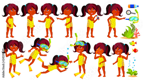 Indian Girl Kindergarten Kid Vector. Hindu. Swimmer, Diver. Ocean Depth, Under Water. Undressed. Little Children. Happiness Enjoyment. For Web, Brochure, Poster Design. Isolated Cartoon Illustration