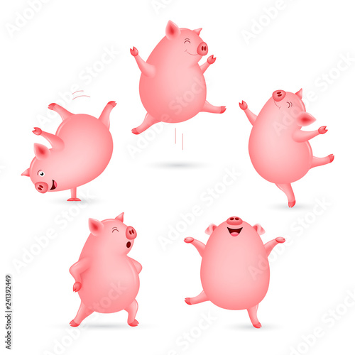 Set of funny pig dancing. Cute cartoon character design. Vector illustration isolated on white background.