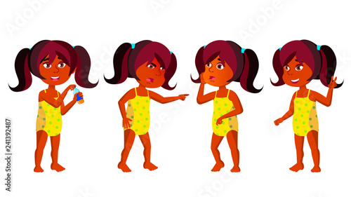 Indian Girl Kindergarten Kid Poses Set Vector. Hindu. Kiddy, Child Expression. Undressed. Summer Vacation. Beach, Pool, Water Park. For Postcard, Cover, Placard Design. Isolated Cartoon Illustration