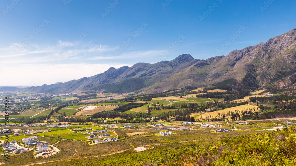 Franschhoek valley with its famous wineries and surrounding mountains, South Africa