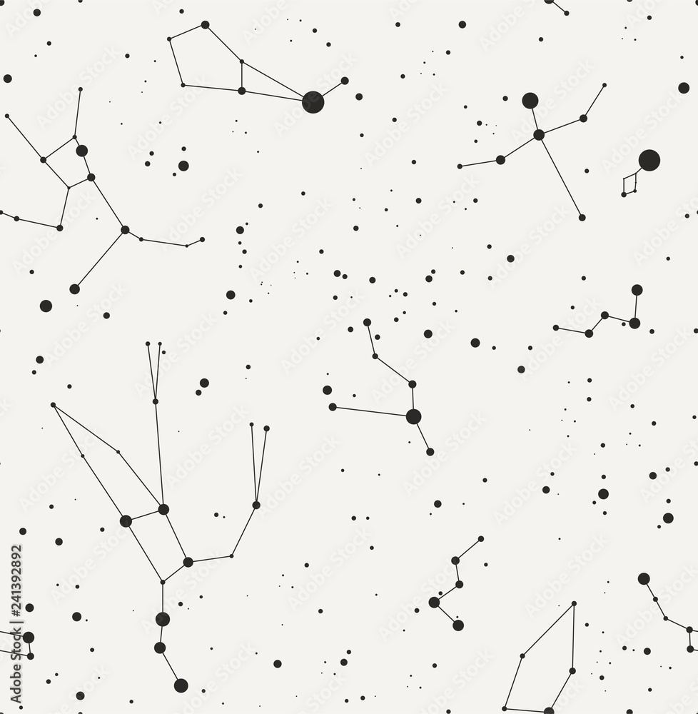 Star constellation seamless black white vector pattern